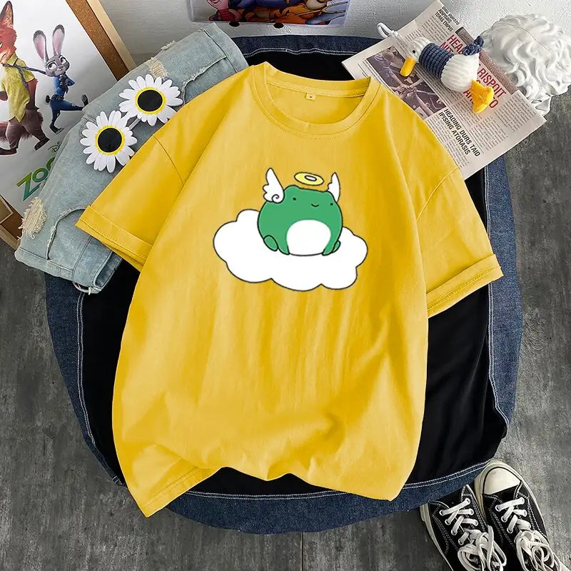 Cotton T-Shirt Kawaii Design Frog Angel Yellow / S