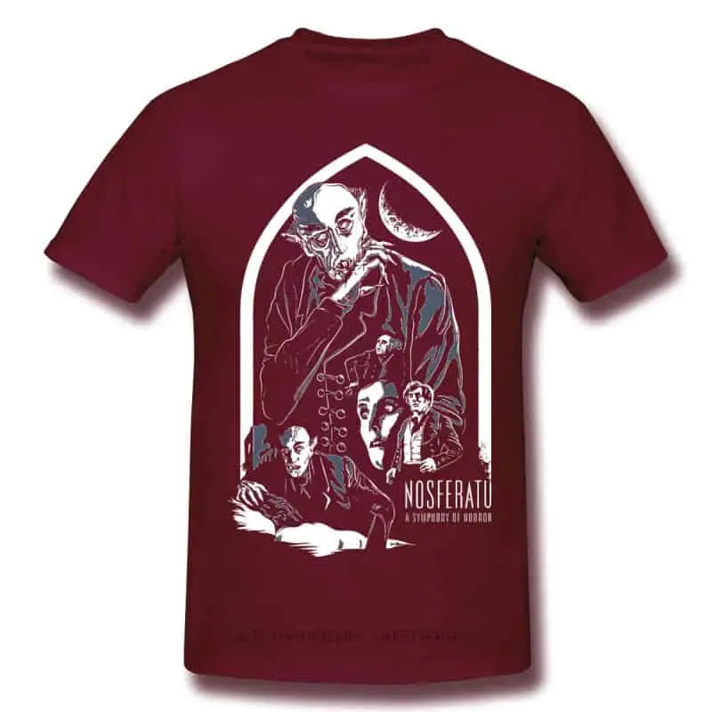 Cotton T Shirt with Horror Dracula Nosferatu Print Burgundy