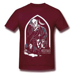Cotton T Shirt with Horror Dracula Nosferatu Print Burgundy
