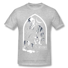Cotton T Shirt with Horror Dracula Nosferatu Print Gray / S