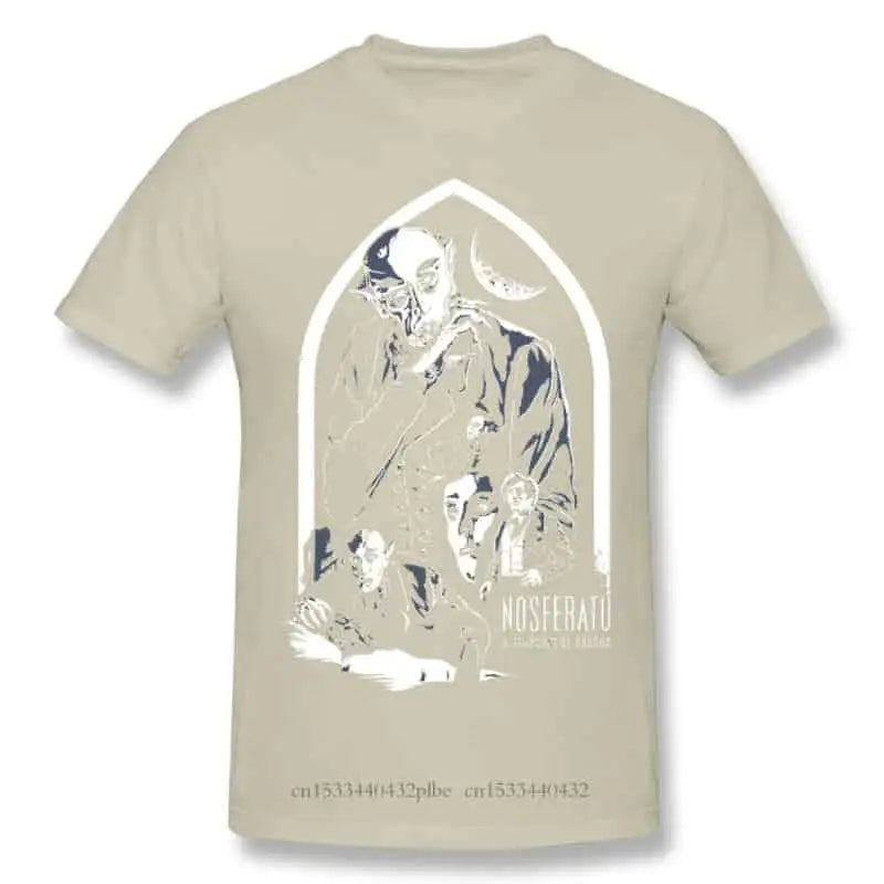 Cotton T Shirt with Horror Dracula Nosferatu Print Khaki / S