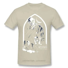 Cotton T Shirt with Horror Dracula Nosferatu Print Khaki / S