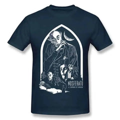 Cotton T Shirt with Horror Dracula Nosferatu Print Navy