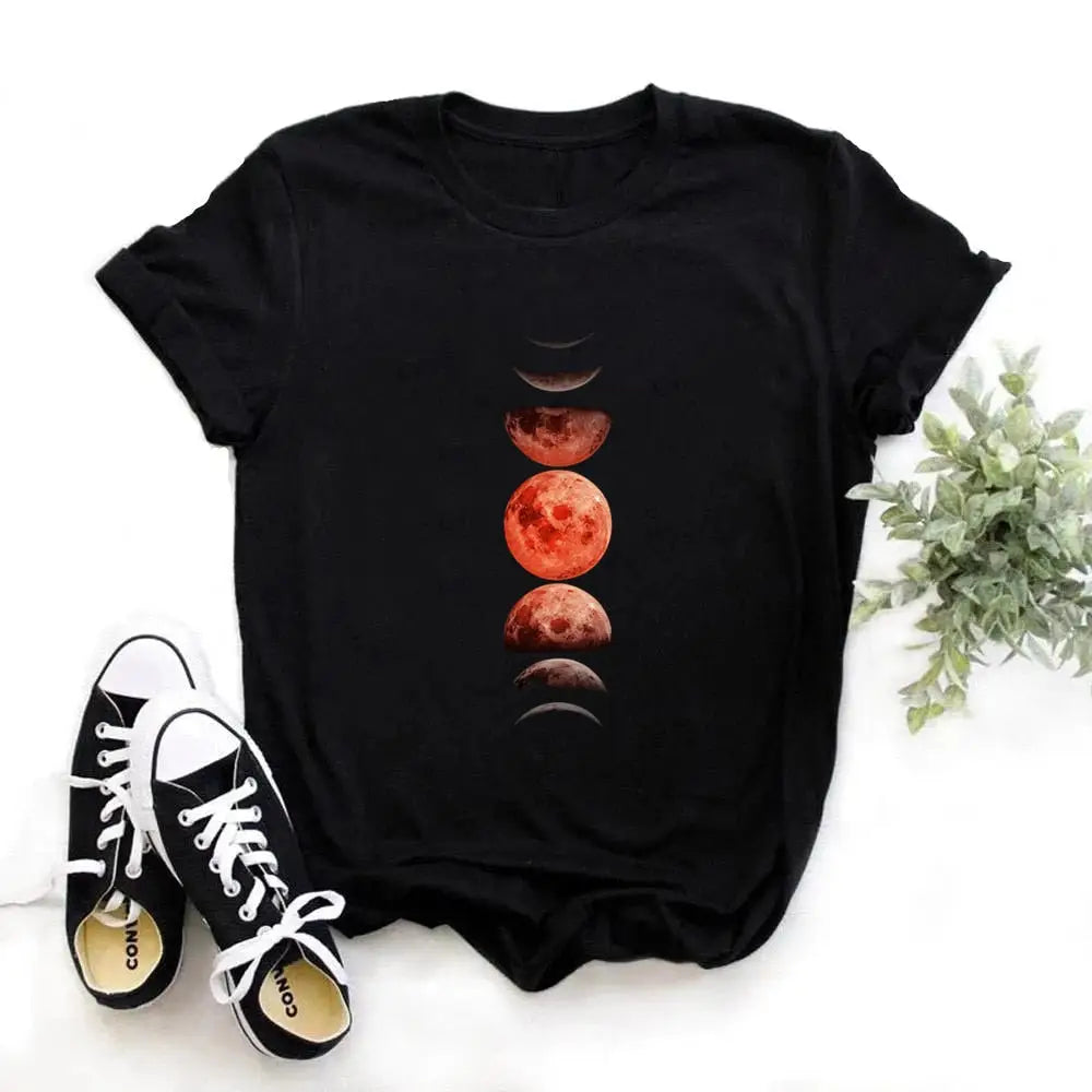 Cotton T Shirt with Moon Planet Print and O Neck Clothing