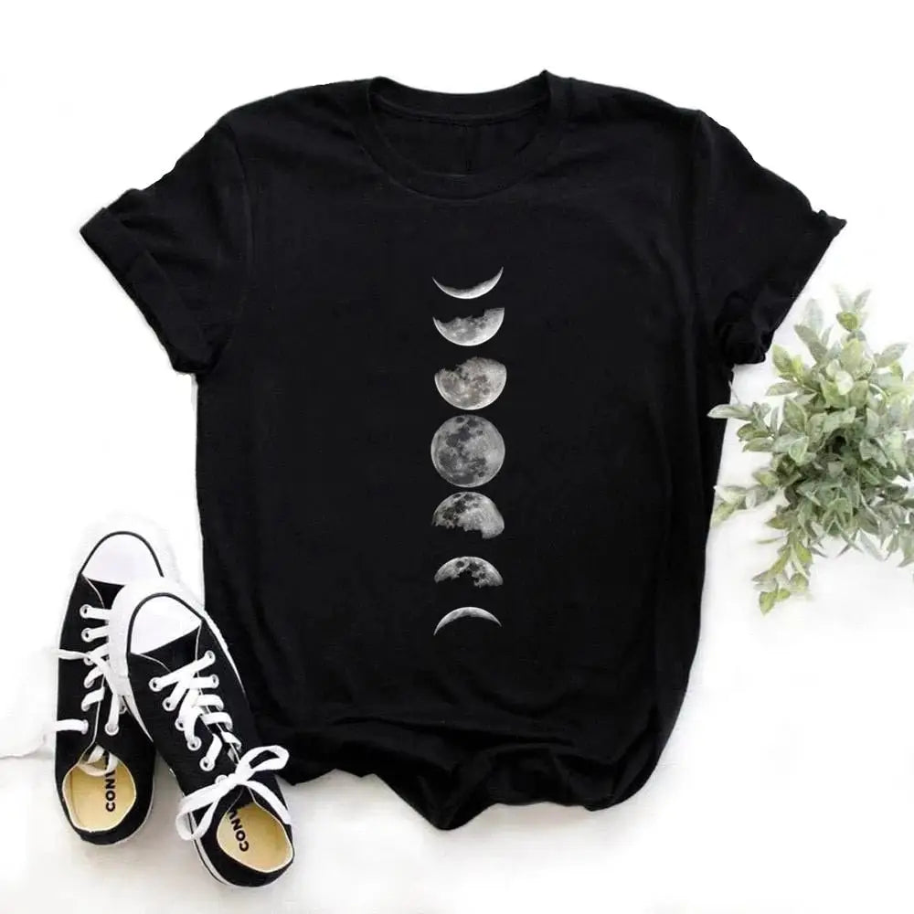 Cotton T Shirt with Moon Planet Print and O Neck Clothing