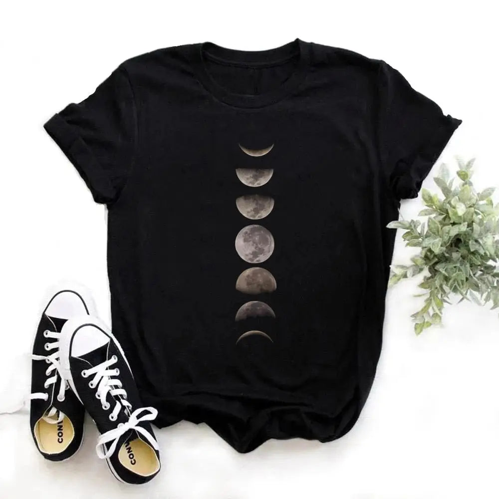 Cotton T Shirt with Moon Planet Print and O Neck Clothing