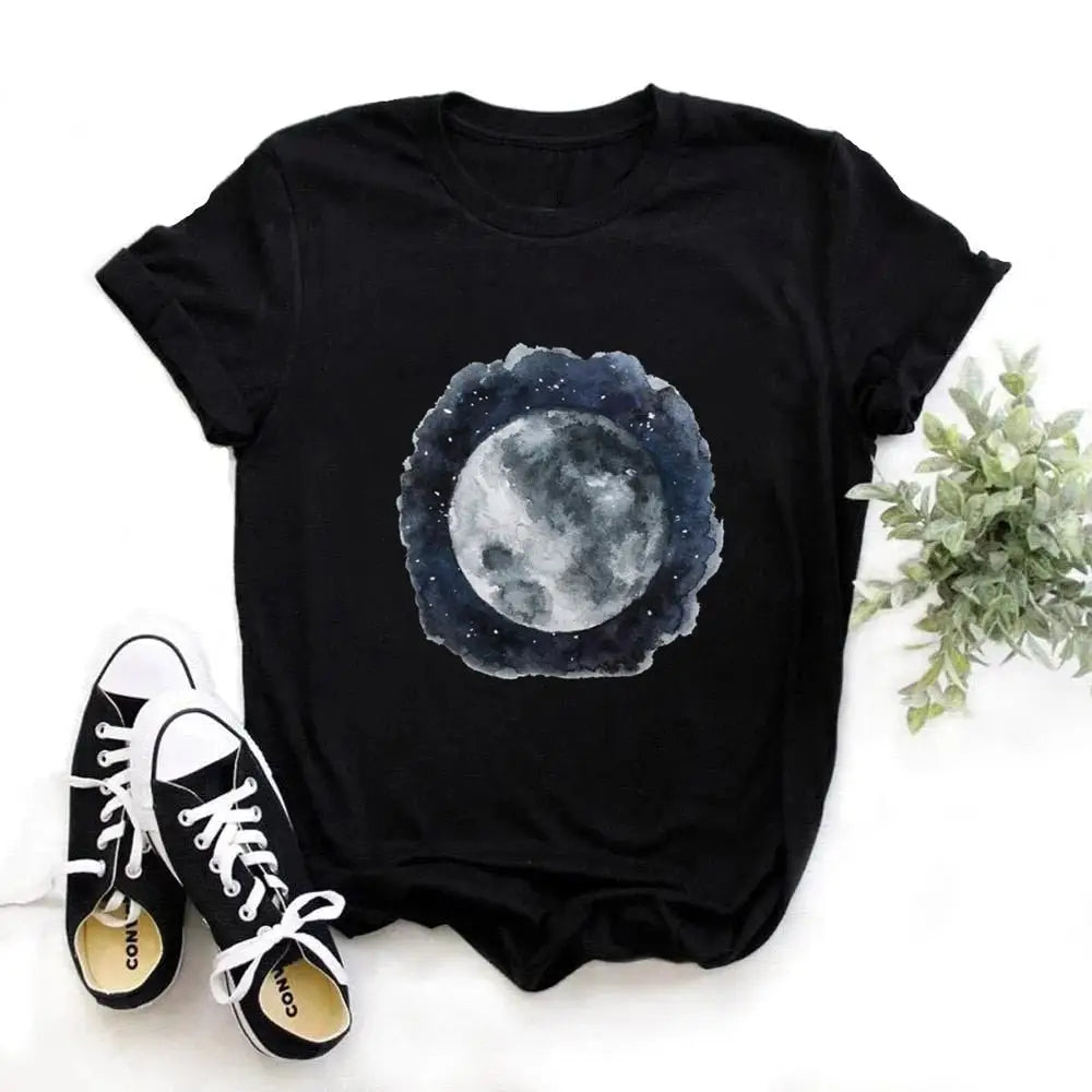 Cotton T Shirt with Moon Planet Print and O Neck Clothing