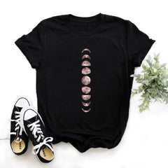 Cotton T Shirt with Moon Planet Print and O Neck Clothing