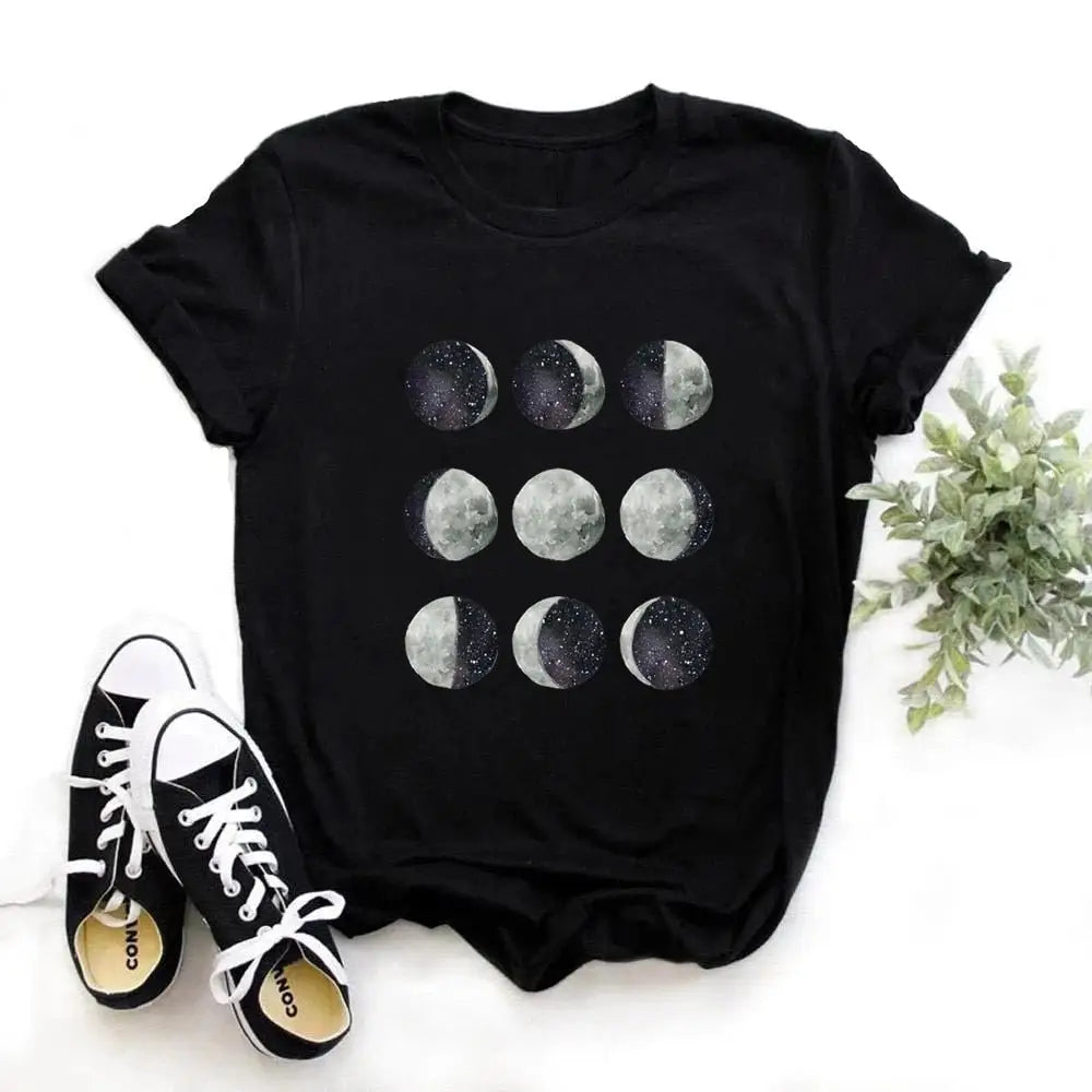 Cotton T Shirt with Moon Planet Print and O Neck Clothing