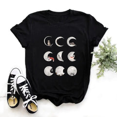Cotton T Shirt with Moon Planet Print and O Neck Clothing