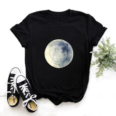 Cotton T Shirt with Moon Planet Print and O Neck Clothing