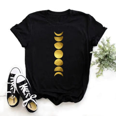 Cotton T Shirt with Moon Planet Print and O Neck Clothing