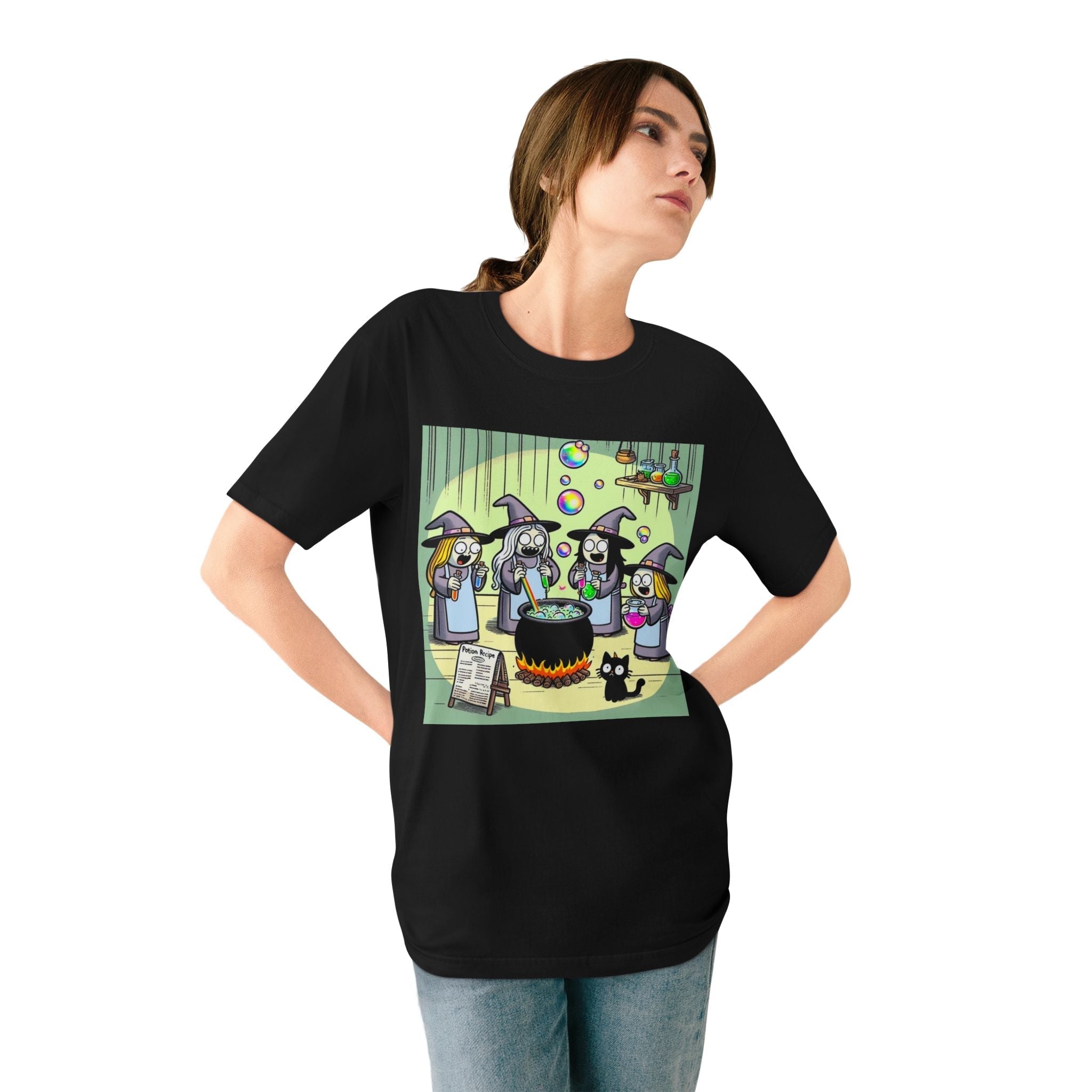 Cotton Unconventional Halloween T-Shirt with Witches and Cat