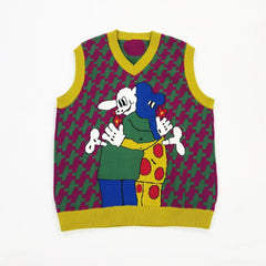 Cotton V Neck Knitted Vest Cartoon Animals Loose Style