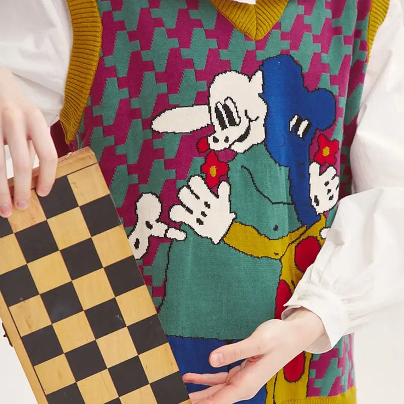 Cotton V Neck Knitted Vest Cartoon Animals Loose Style