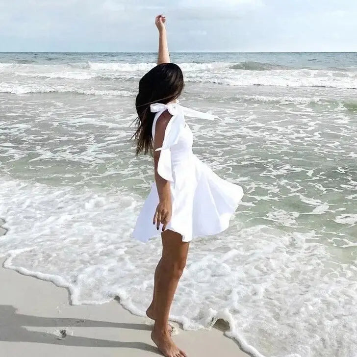 Cotton White Bow Ribbon Fit and Flare Mini Dress