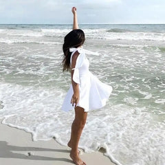 Cotton White Bow Ribbon Fit and Flare Mini Dress