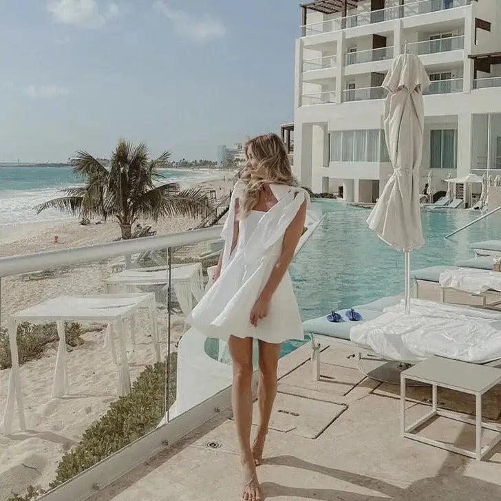 Cotton White Bow Ribbon Fit and Flare Mini Dress