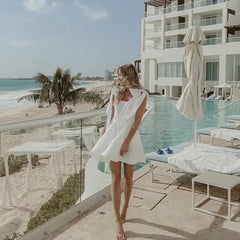 Cotton White Bow Ribbon Fit and Flare Mini Dress