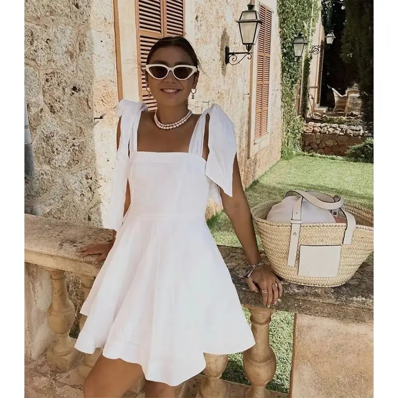 Cotton White Bow Ribbon Fit and Flare Mini Dress