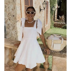 Cotton White Bow Ribbon Fit and Flare Mini Dress