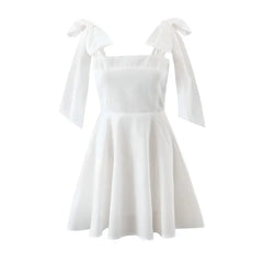 Cotton White Bow Ribbon Fit and Flare Mini Dress / S
