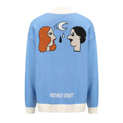 Couple And Moon Knitted Sweater - Blue / S