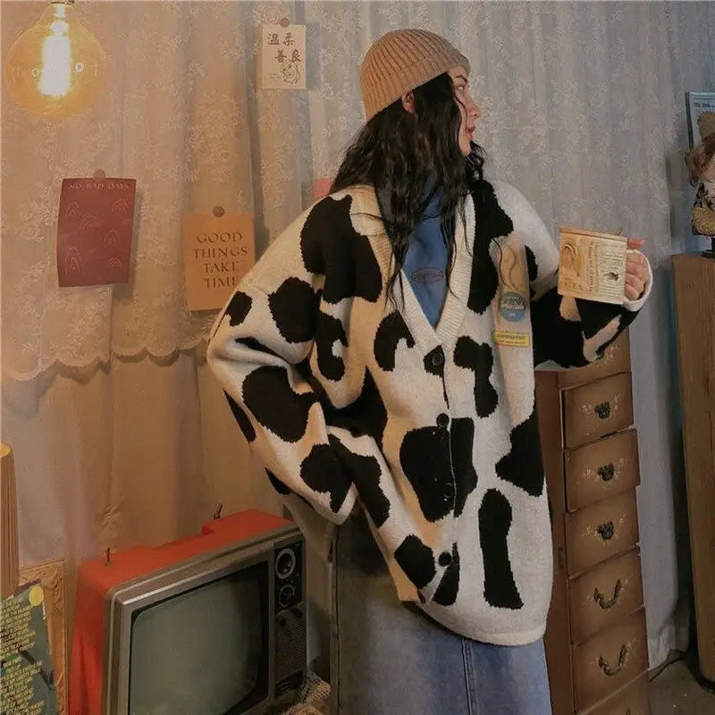 Cow Buttons Up Oversize Knitted Cardigan