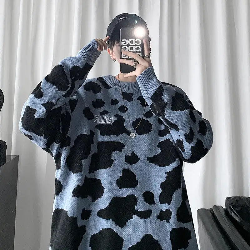 Cow Print Loose Sweater for Casual Wear blue / 2XL