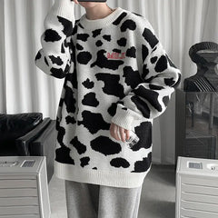 Cow Print Loose Sweater for Casual Wear white / M