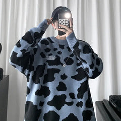 Cow Print Oversize Sweater - blue / 2XL
