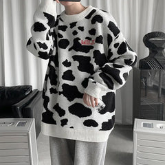 Cow Print Oversize Sweater - white / M