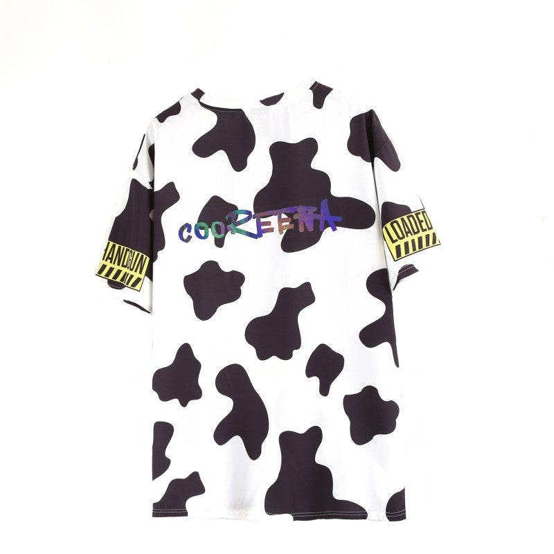 Cow Short-Sleeved Tee Dress - Black and white / One size -