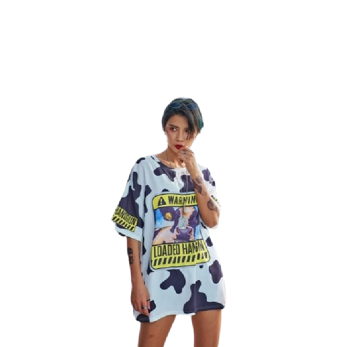 Cow Short-Sleeved Tee Dress - Black and white / One size -
