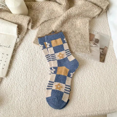 Cozy Retro Mid-Calf Socks - Blue White Yellow - Sock
