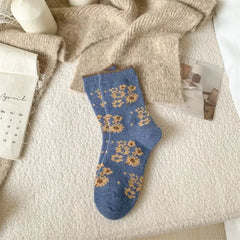 Cozy Retro Mid-Calf Socks for Everyday Wear Blue Yellow