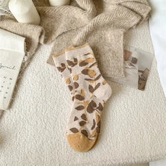 Cozy Retro Mid-Calf Socks - White Yellow Brown - Sock