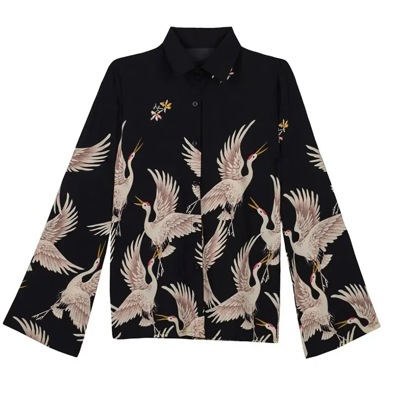 Crane Animal Print Black Shirt for Men / One Size