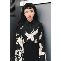 Crane Animal Print Black Shirt for Men / One Size