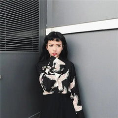 Crane Animal Print Black Shirt for Men / One Size