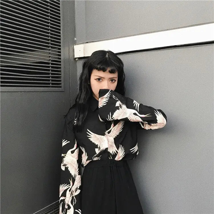 Crane Animal Print Black Shirt for Men / One Size