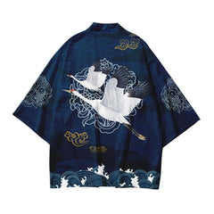 Crane Japanese Style Kimono with Cherry Blossoms and Sea