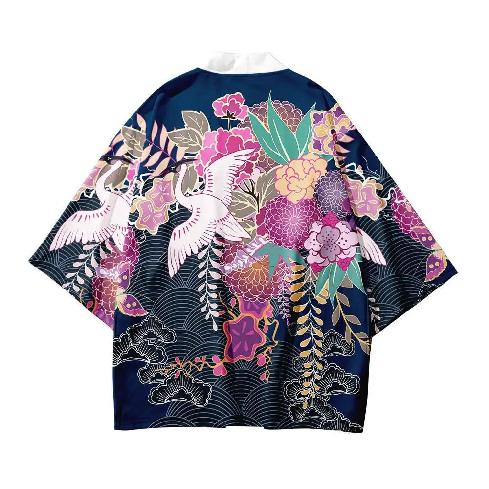 Crane Japanese Style Kimono with Cherry Blossoms and Sea