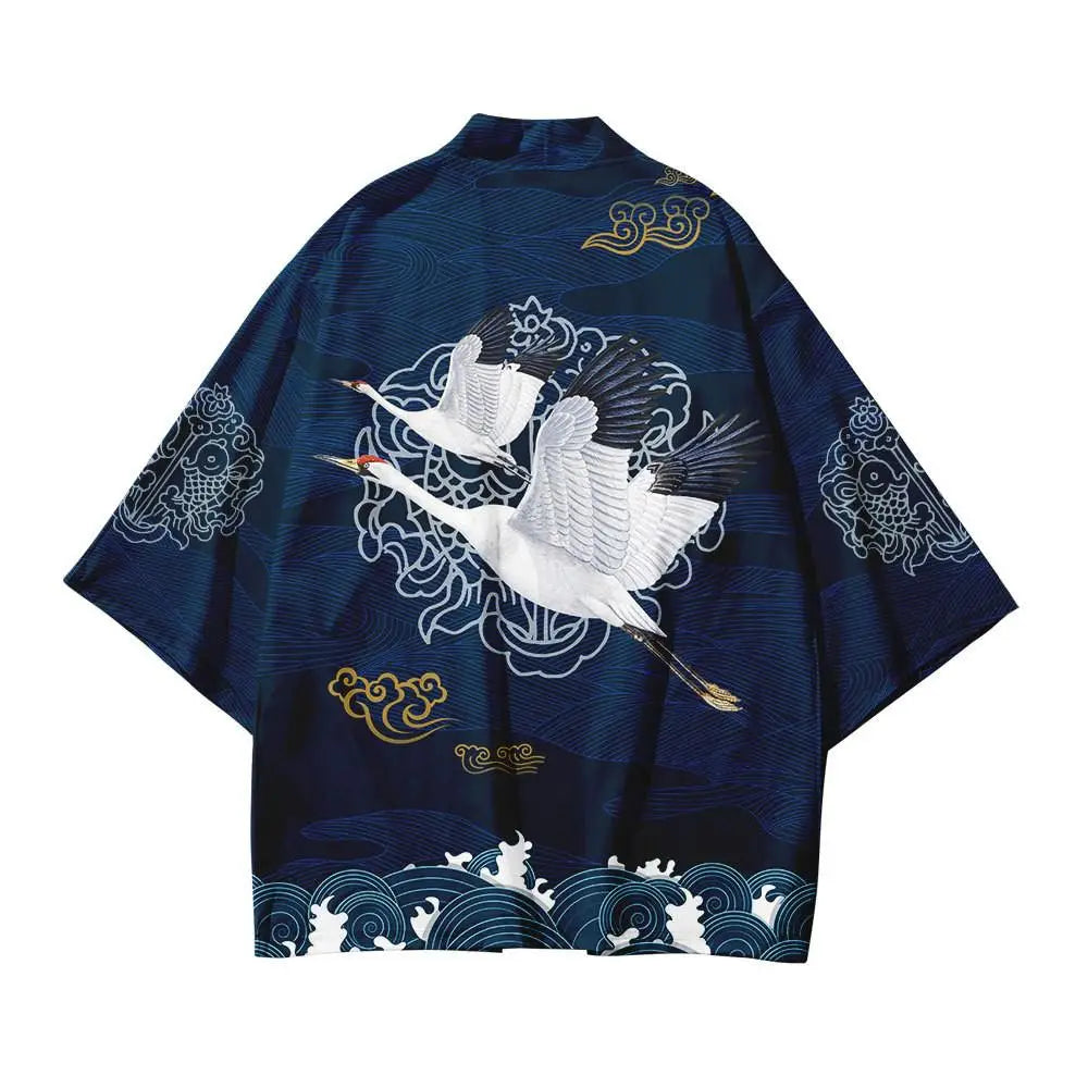 Crane Japanese Style Kimono with Cherry Blossoms and Sea