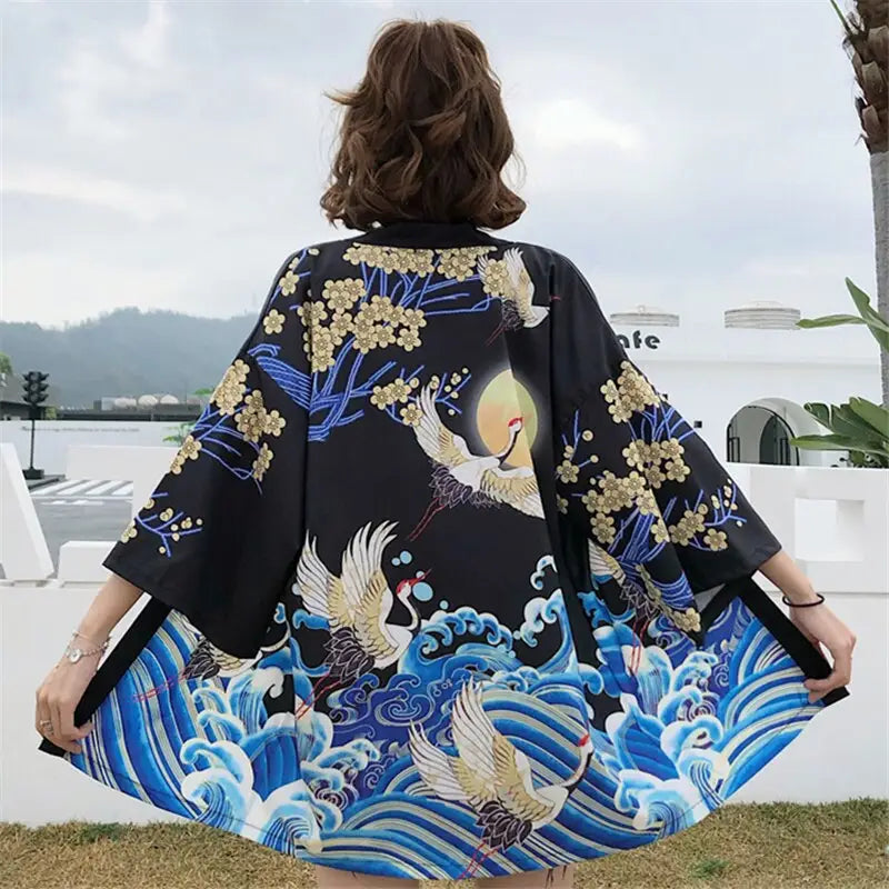Crane & Samurai Japanese Style 3/4 Sleeve Kimono - Black