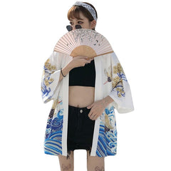 Crane & Samurai Japanese Style 3/4 Sleeve Kimono - KIMONO