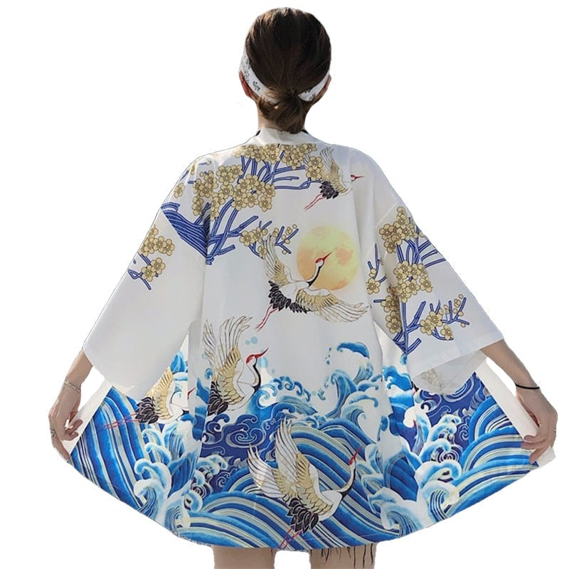 Crane & Samurai Japanese Style 3/4 Sleeve Kimono - White /