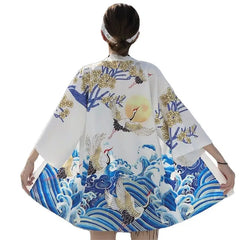 Crane & Samurai Japanese Style 3/4 Sleeve Kimono - White