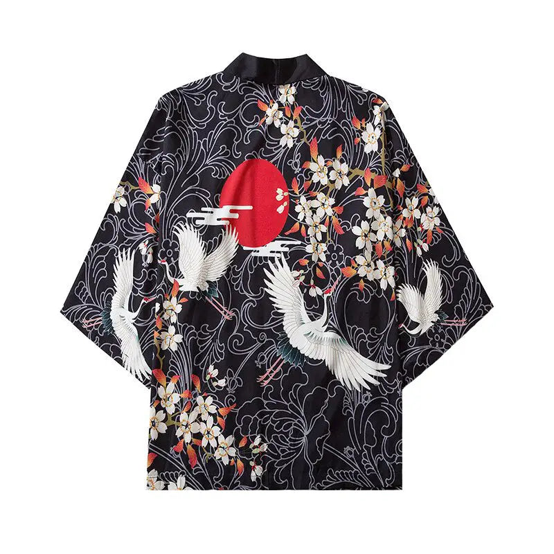 Cranes and Red Sun 3/4 Sleeve Kimono