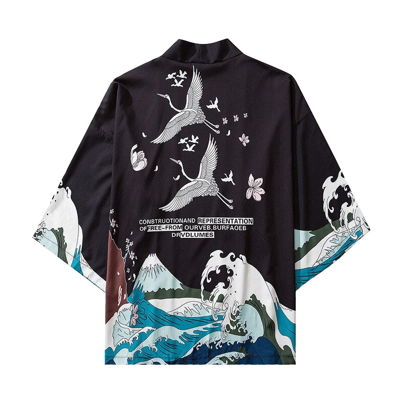 Cranes and Waves 3/4 Sleeve Kimono - Black / M - KIMONO